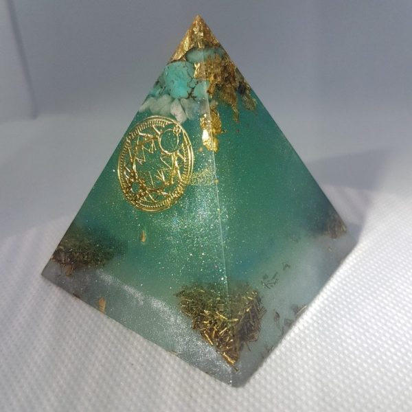 Under the Turquoise Sky Orgone Orgonite Pyramid 6cm - Gold, Moonstone and Turquoise with Sacred Geometry, Rose Quartz with Brass and Silver.
