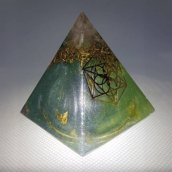 Internal Focus Orgone Orgonite Pyramid 6cm - Rose Quartz, Fluorite, and Herkimer Diamonds, on top of a rose quartz chunk wrapped in Brass Tensor Ring, with sacred geometry