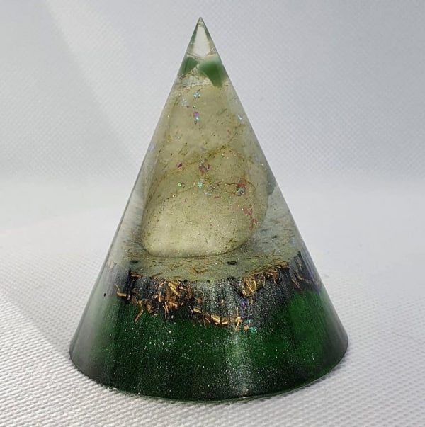 Comfortably Numb Orgone Energy Orgonite Cone 6cm - Flurorite, Celestite and Green Calcite atop a light green Amazonite chunk, Brass and Magnatite