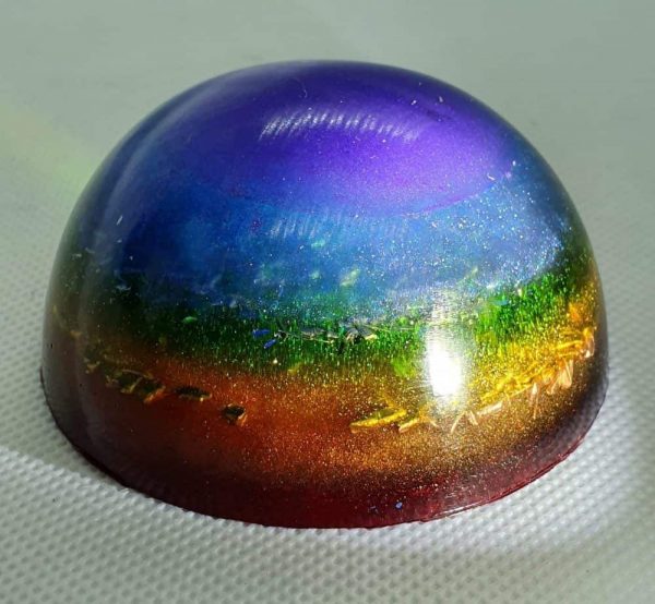 Band of Colour Orgone Orgonite Orb - Our Largest Orb Ever, with Rainbow colouring, rose quartz, brass, clear quartz, tourmaline, and more!
