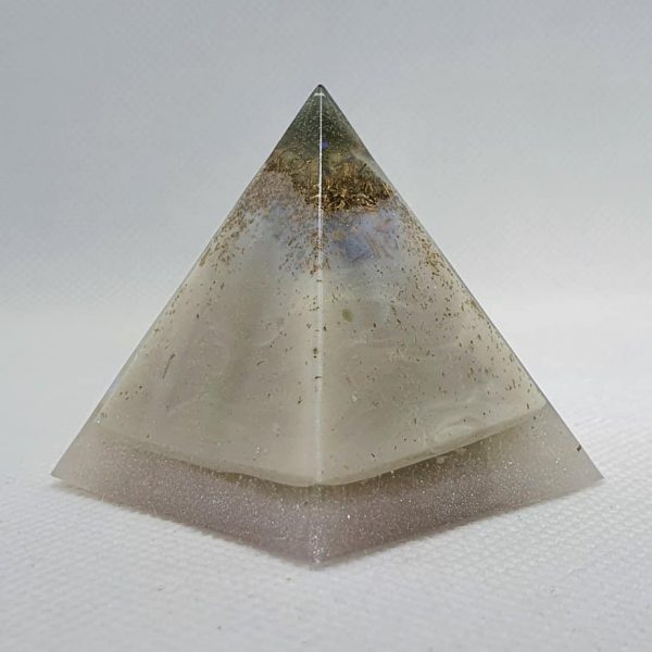 StarDust II Orgone Orgonite Pyramid 4cm -Celestite, Moonstone, Brass, and Nickel in the form of a coin, stellar!