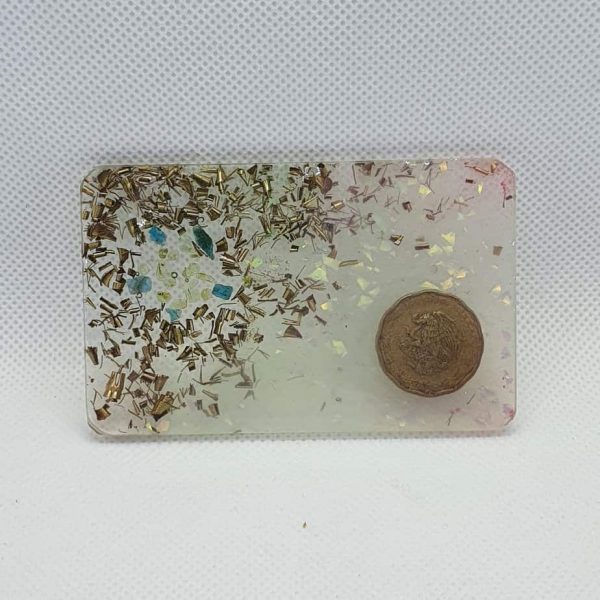 Orgone Card for EMF and RF protection - Blue Apalite, Peridot, Herkimer Diamonds, and Brass and a gorgeous Mexican peso coin for protection on the go for you!